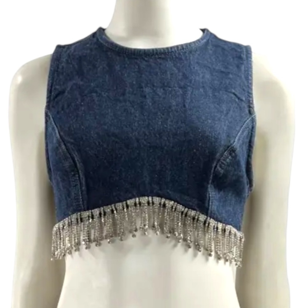 Zara Dark Blue Denim Crop Top with Silver Rhinestone Fringe